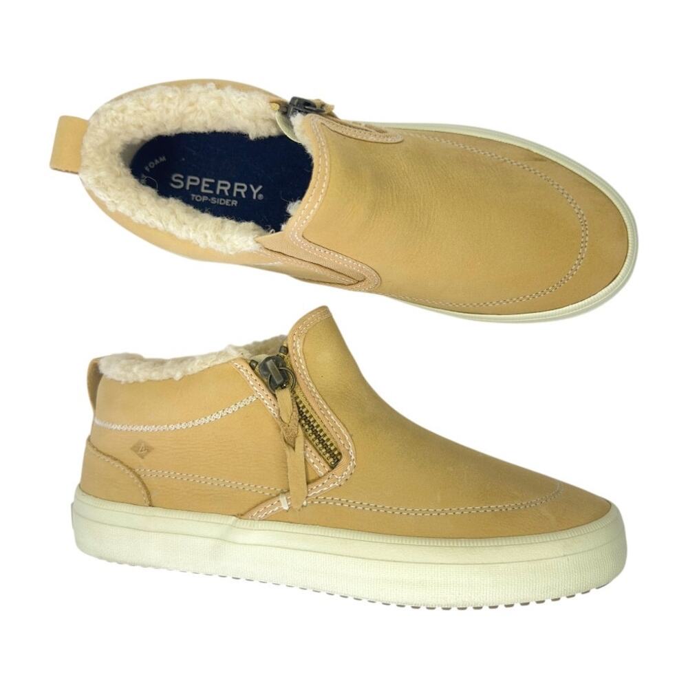 Sperry Women's Crest Side Zip Cozy Sneaker Boot Size 6.5 Khaki Suede STS87905